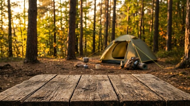 Weathered wooden picnic table in the foreground with a camping tent and outdoor gear set up in a sunlit forest clearing during a peaceful afternoon