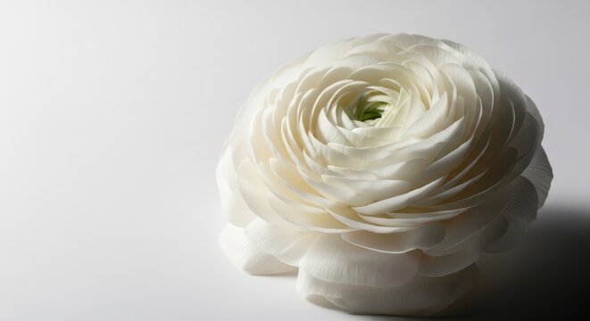 A stunning white ranunculus flower displays delicate layered petals in soft side lighting against a seamless white studio background, flower, interior, ivory
