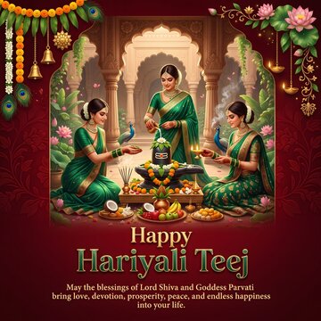 Hariyali teej celebration poster with women with performing traditional rituals Spiritual