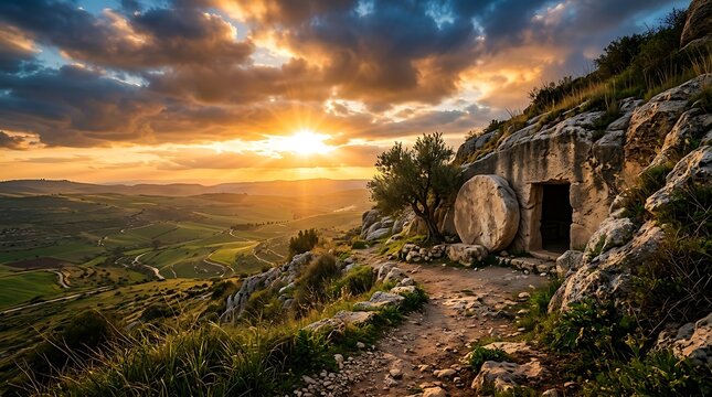 Ancient stone tomb with a circular rock door at the entrance on a grassy hillside overlooking a valley during a golden sunset with dramatic clouds