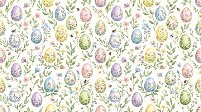 Seamless pattern of watercolor easter eggs decorated with floral leaves, and small insects like snails, ladybugs, and bees on a white background