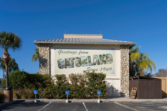 Orlando, Florida, USA - January 31, 2022: Gatorland welcome sign is shown in Orlando, Florida, USA. Gatorland is a  theme park and wildlife preserve in Florida.