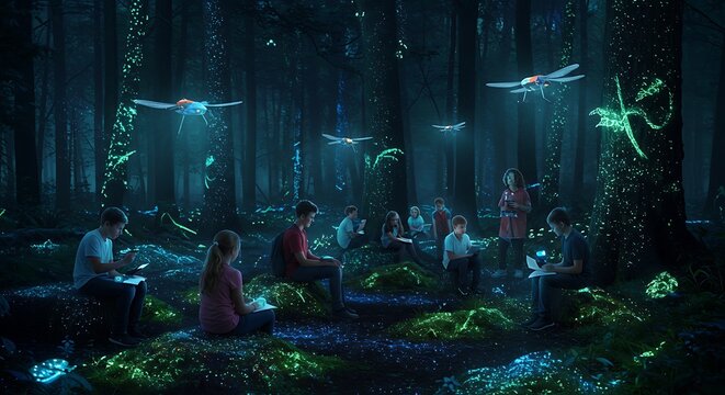 Children Sitting on Forest Floor Illuminated by Glowing Bioluminescent Plants and Flying Light Dragons in a Fantasy Night Scene