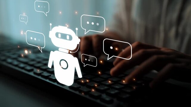 AI chatbot virtual assistant interacting with users through AI conversation bubbles, symbolizing AI automation, smart communication, and AI digital artificial intelligence help support Marrow