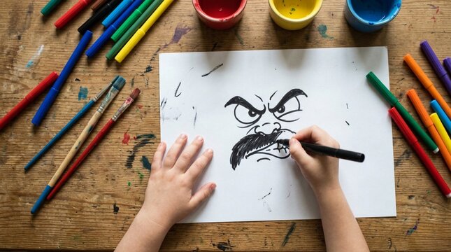 Top view of child's hands drawing an angry cartoon face with bushy mustache using black marker on white paper, surrounded by colorful pens, paintbrushes, and paint pots on wooden desk