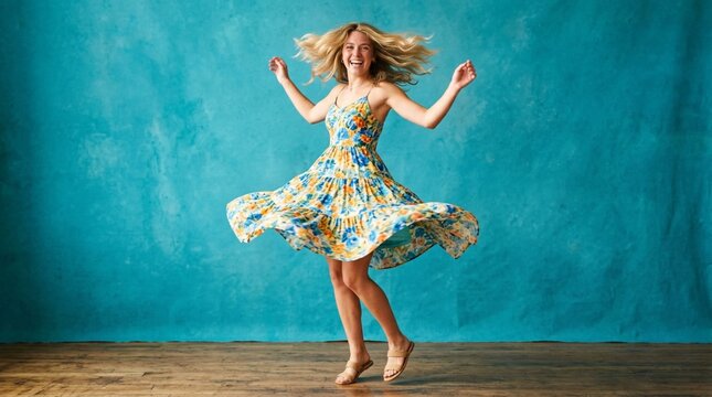 Joyful young woman twirling in a vibrant blue and yellow floral summer dress against a textured turquoise studio backdrop, barefoot mid-spin with hair and skirt flowing in motion