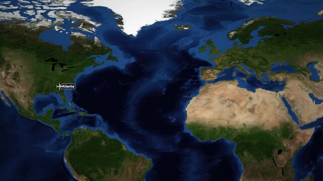 Animated Flight Route Map from Atlanta to Helsinki Over the Atlantic Ocean