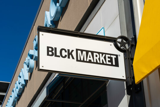 Pearland, Texas, USA - February 28, 2022:  BLCK Market store sign above the store entrance. Pearland, Texas, USA. BLCK Market is a clothing store.