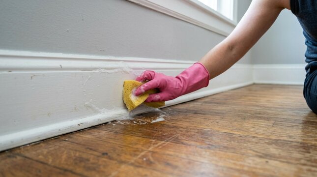 Person wearing a pink rubber glove scrubbing a white painted baseboard with a yellow sponge, small suds clinging to the wall near a wooden floor