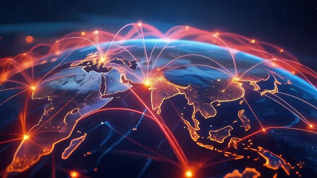 Global network connectivity with glowing red lines across continents, illustrating worldwide communication and data transfer.