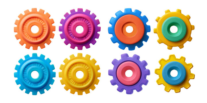 Colorful. Gears. Bright. Playful. Multi-colored.