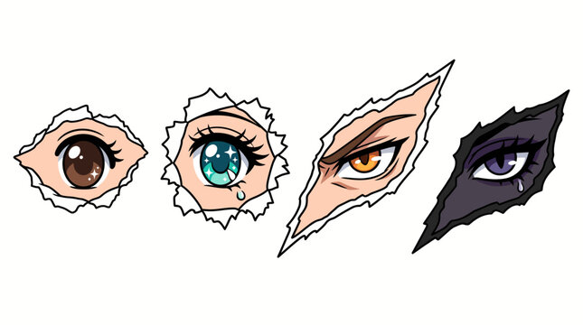 Set of expressive anime eyes peeking through torn paper holes.