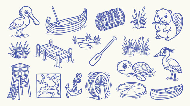 Collection of hand-drawn illustrations featuring various elements related to nature, water, and outdoor activities.