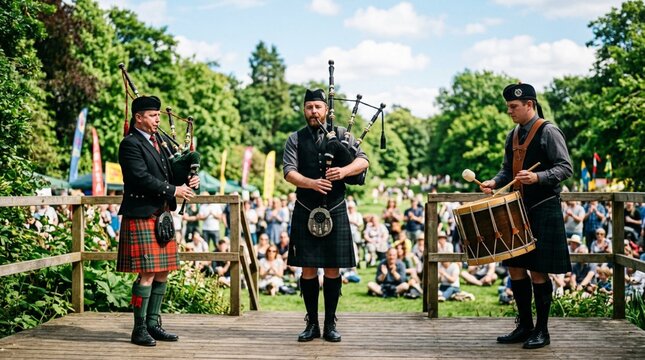 Three folk musicians in traditional Scottish attire performing with bagpipes and a drum on an outdoor wooden stage in a lush green park before a seated audience