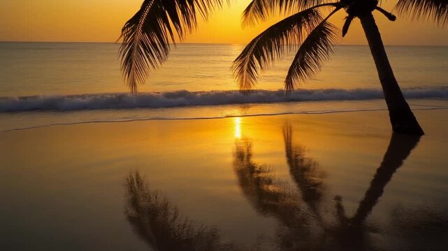 Experience a serene tropical beach sunset featuring a palm tree silhouette, golden light reflections, and gentle ocean waves. Perfect relaxation video.