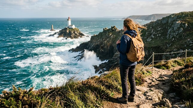 Hiker with tan backpack admiring dramatic coastal lighthouse viewpoint, windswept hair, rugged cliffs, crashing Atlantic waves, scenic ocean horizon on a sunny day