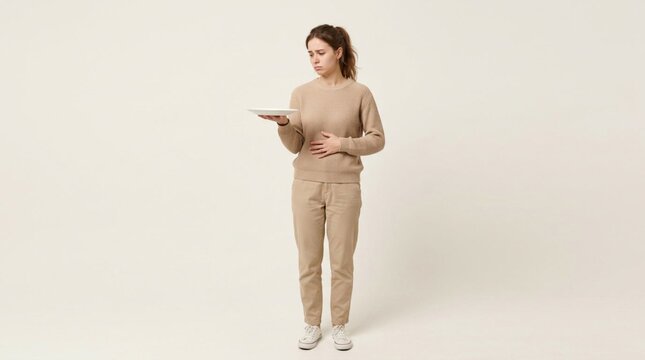 Young woman in beige casual outfit holding empty white plate against plain backdrop, looking down thoughtfully