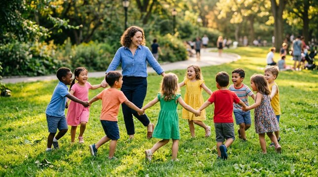 Diverse group of cheerful young children and female teacher holding hands in circle, playing outdoors on sunny park grass, joyful laughter, inclusive education, multicultural friendship, childhood