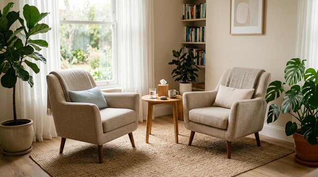 Serene counseling office with two empty beige upholstered armchairs facing each other beside a small wooden side table, surrounded by lush green potted plants, bookshelf, and soft natural window light