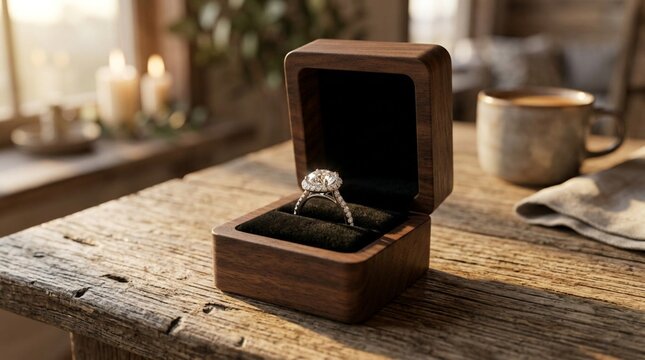 Open dark walnut engagement ring box showcasing a halo diamond ring on rustic wooden table beside steaming mug and candles in warm ambiance