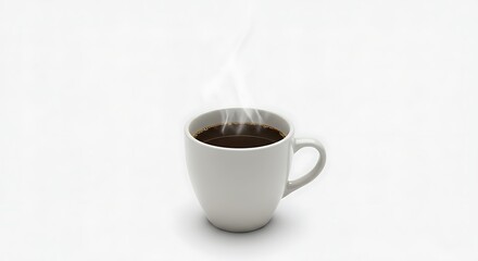 Obraz premium Steaming Black Coffee in White Ceramic Mug on Plain White Background
