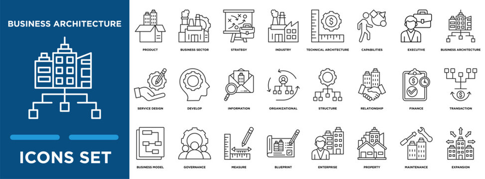 Business Architecture icon set illustrating business sector, strategy, industry, executive, capabilities, technical architecture, product, service design, develop