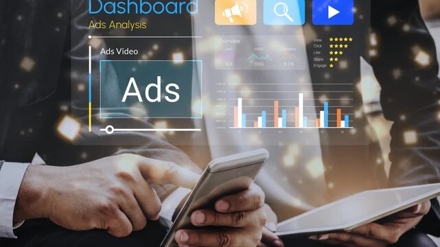 Business professional analyzing advertising performance on mobile dashboard with visual data and charts, focused on digital marketing strategies and growth insights Gluon.