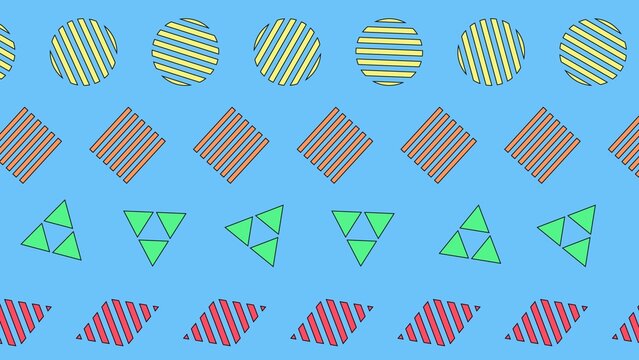 Abstract Geometric Pattern with Circles, Squares, and Triangles on Blue Background