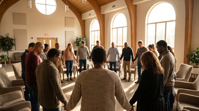 Diverse group of people holding hands in a prayer circle inside a bright modern church hall