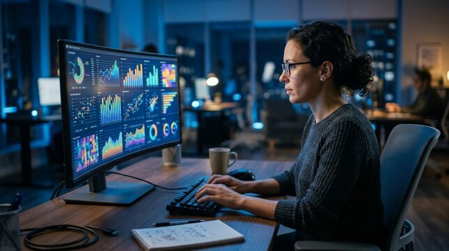 Female data scientist analyzing colorful charts and graphs on curved monitor in modern dark office at night, working late with coffee mug beside keyboard, focused analytics and business intelligence