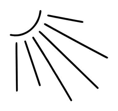 Hand traced sun ray beam vector icon illustration featuring a curved arc with radiating lines in minimalist black line art style for radiant sunburst design elements