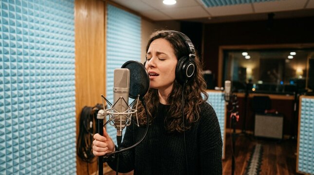 Young female vocalist singing passionately into studio microphone wearing large headphones inside soundproof vocal booth with wooden acoustic panels and foam wall treatment