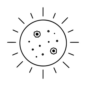Hand-drawn black and white sun icon vector illustration with circular core, scattered tiny dots, two large solar sunspots, and radiating linear rays, depicting celestial star in minimalist outline