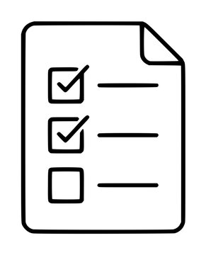 Hand-traced vector icon of a checklist survey sheet with three square checkboxes and horizontal lines, monochrome line illustration for forms and feedback