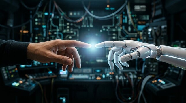 Human hand reaching toward sleek white humanoid robot hand, fingertips nearly touching, futuristic server room background with glowing blue light, AI and technology concept