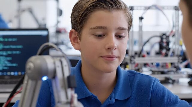 Young Caucasian Boy Coding And Programming A Robotic Arm During A STEM Class In A Modern School Laboratory Close Up Shot