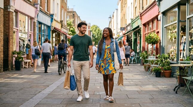 Happy biracial couple shopping on sunny urban street, carrying bags, strolling past colorful storefronts in vibrant city neighborhood during daytime