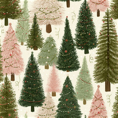 Obraz premium Seamless pastel Christmas pattern with stylized fir trees decorated with garlands and ornaments in soft colors