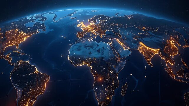Stunning nighttime view of Earth from space showcasing illuminated continents and city lights across the globe.