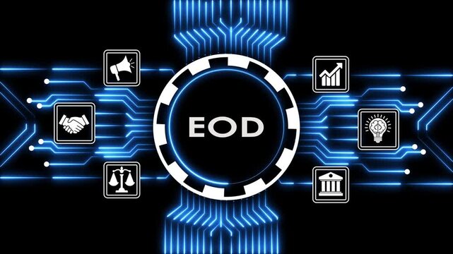 A motion graphic showing the eod surrounded by business icons on a circuit board.