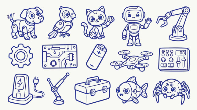 Collection of cute cartoon robots, animals, and technology icons in a doodle style.