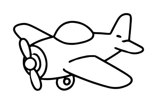 Hand drawn monochrome toy airplane vector icon, charming black outline propeller plane illustration with cockpit window and landing wheels for aviation and travel design