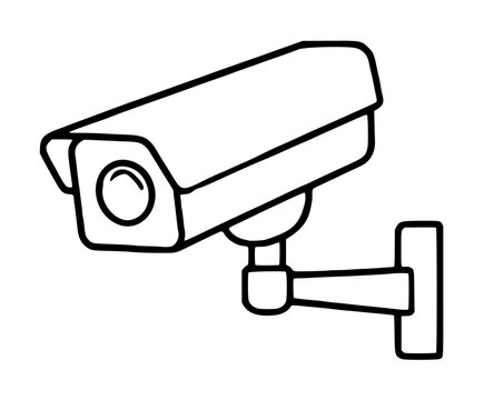 Black hand-drawn vector illustration of a security surveillance traffic camera mounted on a wall bracket, minimalist line-art icon with simple outline style and clean strokes