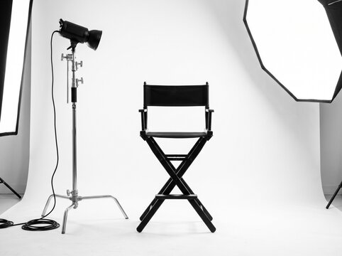 Professional Photography Studio with Director's Chair and Lighting Equipment on White