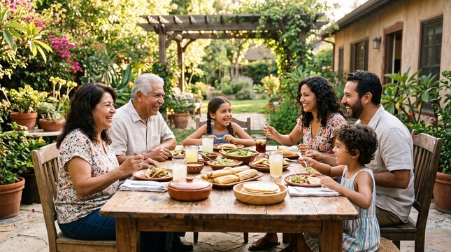 Multi generational Hispanic family enjoying a festive outdoor meal together in a lush garden setting