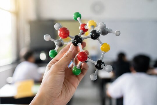 Hand holding molecular model in chemistry classroom