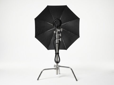 Professional Studio Strobe with Black Umbrella on C-stand Isolated on White Background
