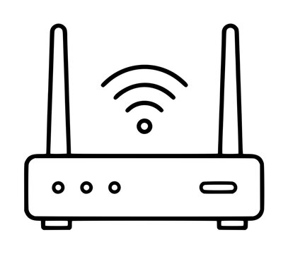 Minimalist hand-drawn vector icon illustration of a Wi-Fi travel router with twin antennas broadcasting wireless signal, clean black line art on white background, perfect for tech and connectivity