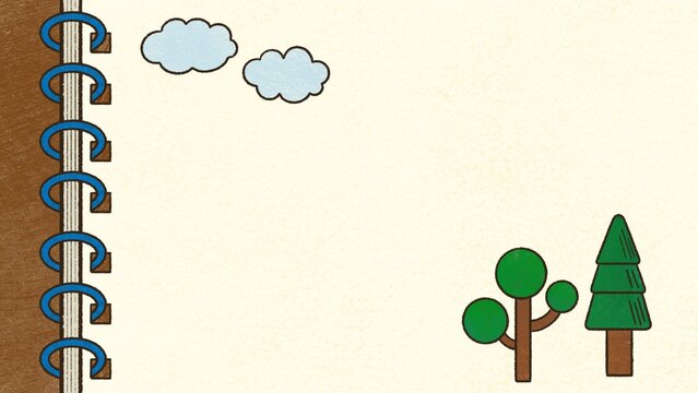 Hand-drawn spiral notebook page with cartoon trees and clouds, creative space for text, drawing, or design