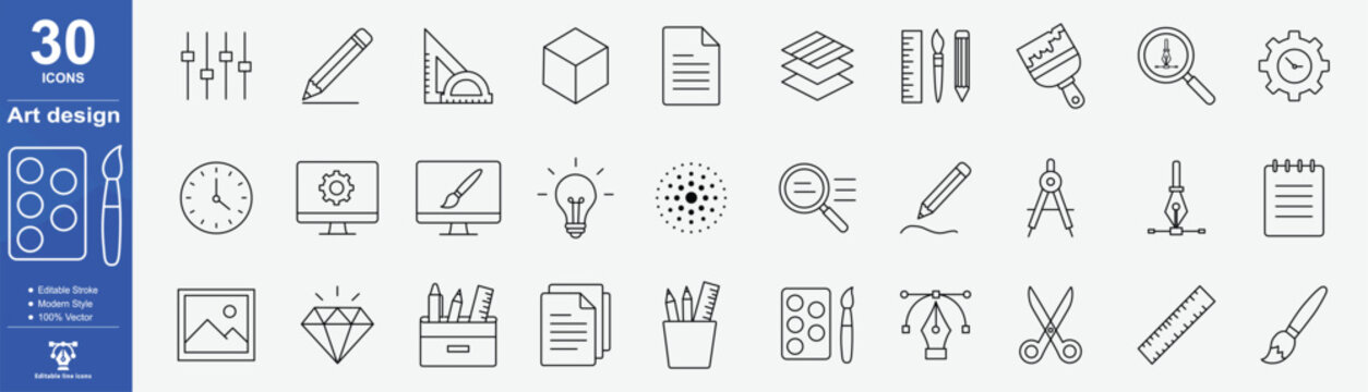 Collection Of Art Design Icons Featuring Tools And Concepts In Linear Style icon